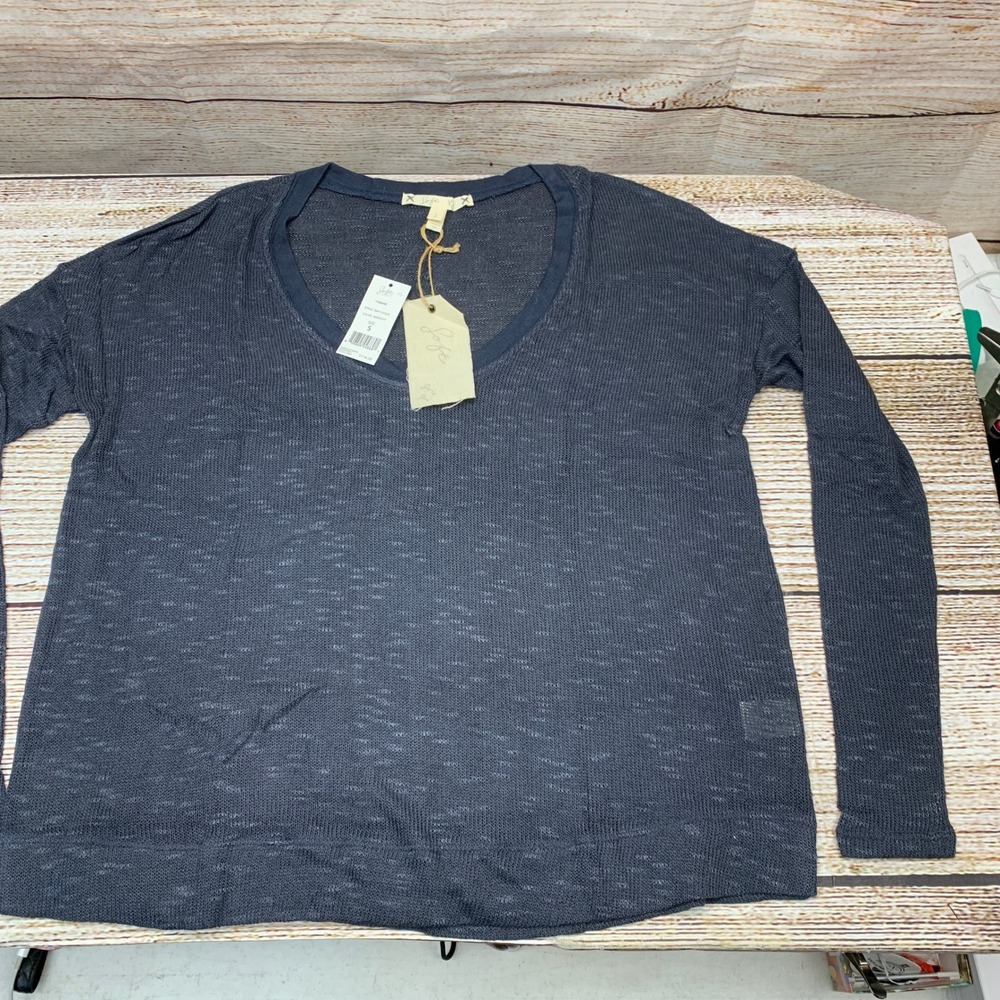 Joie Yasmine Blue V-Neck Waffle Knit Long Sleeve Top Size S New Made in USA